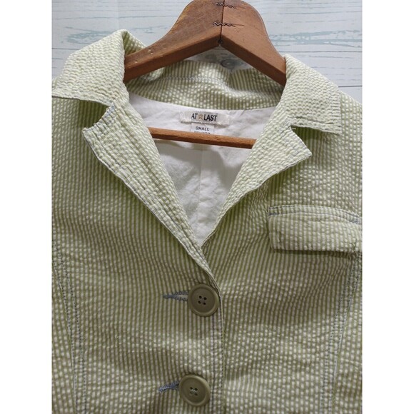 AT LAST Seersucker Striped Blazer Jacket Lined Girls Green White Striped Sz S - Picture 2 of 11